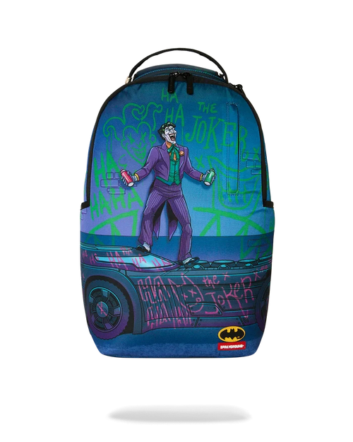 Sprayground DC Joker No Rules backpack with colorful Joker design, durable straps, and spacious main compartment for accessories.