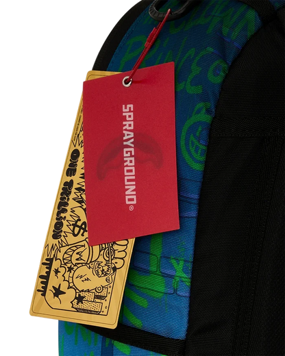 Sprayground DC Joker No Rules backpack featuring cartoon Joker design, adjustable straps, and bold branding for accessories.