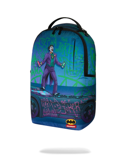 Sprayground DC Joker No Rules backpack featuring comic-style Joker design, adjustable straps, and bold logo details.