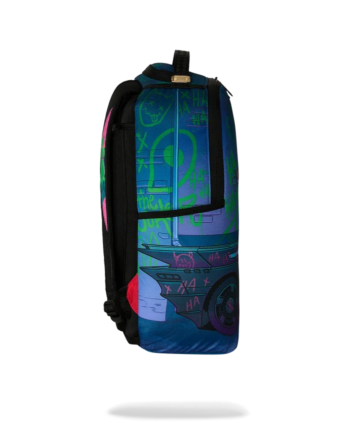Sprayground DC Joker No Rules backpack featuring vibrant comic book-inspired cartoon design and adjustable straps.