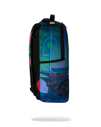 Sprayground DC Joker No Rules backpack featuring vibrant comic book-inspired cartoon design and adjustable straps.