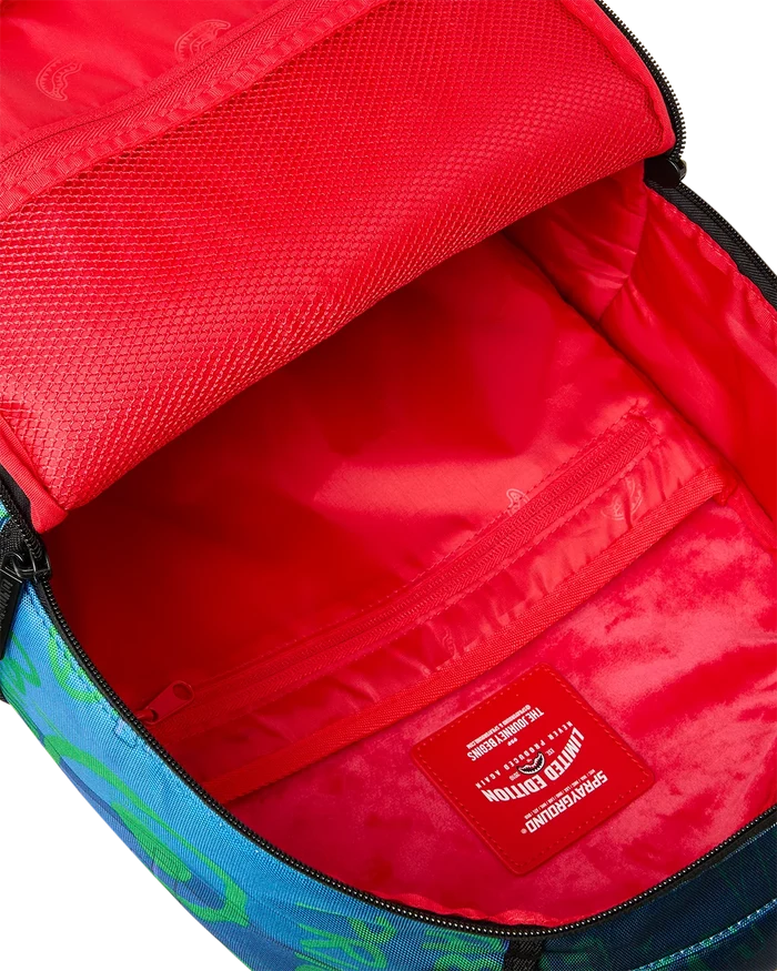 Sprayground DC Joker No Rules backpack featuring bold Joker design, durable straps, and spacious main compartment for accessories.