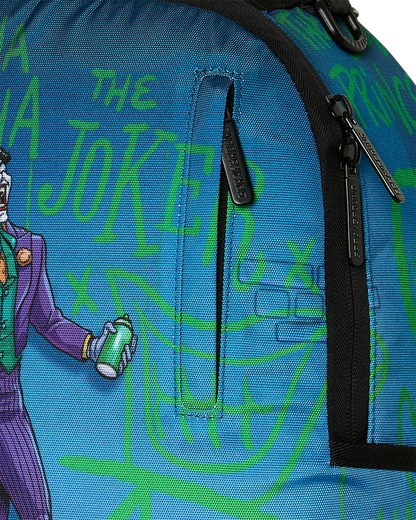 Sprayground DC Joker No Rules backpack featuring comic-style Joker design and adjustable straps.