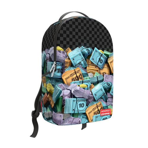 Sprayground Monopoly Money Stacks backpack with bold cash print, adjustable straps, and front zip pocket for accessories and essentials.