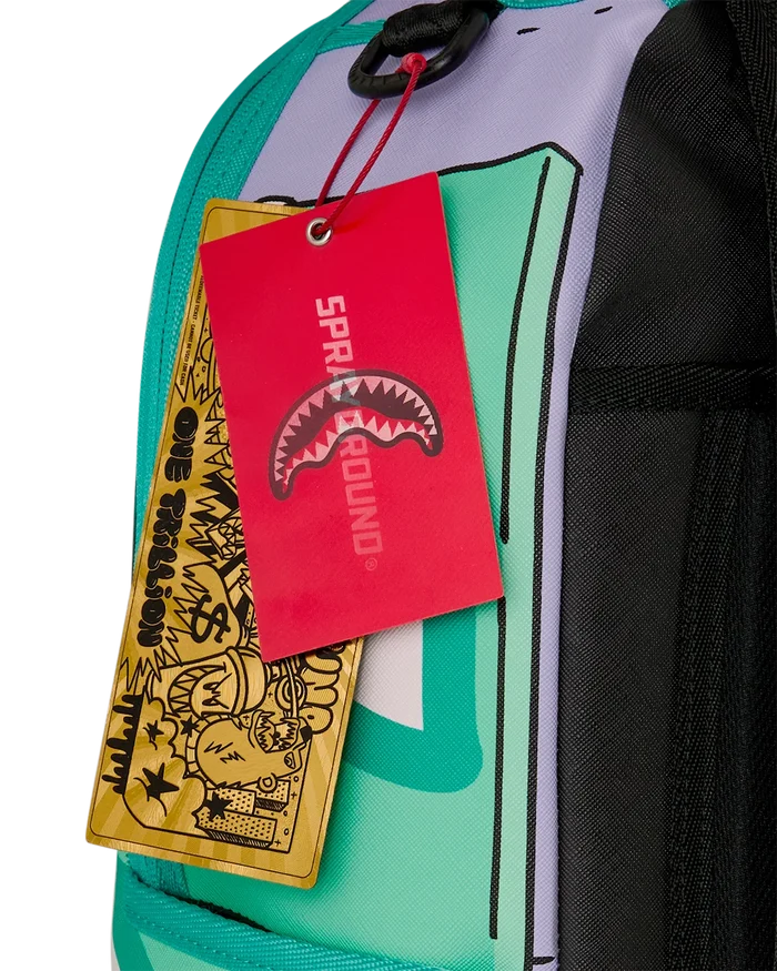 Sprayground Rugrats Susie Dress To Impress backpack with colorful cartoon design and adjustable straps on black background.