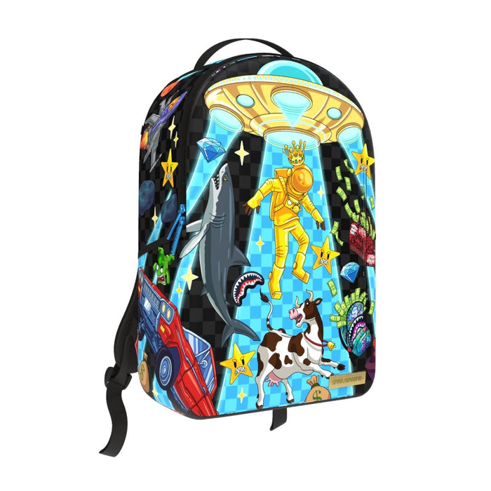 Sprayground Space Warped RMX backpack featuring space-themed design with multiple compartments and adjustable straps.