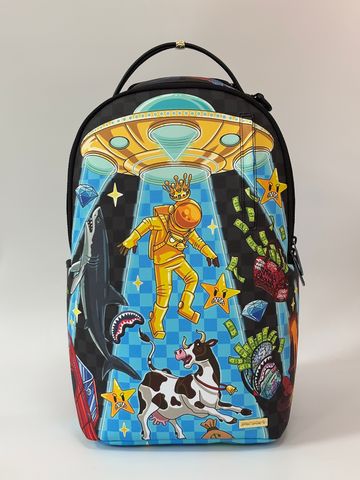 Sprayground Space Warped RMX backpack with space-themed design, adjustable straps, and multiple compartments.