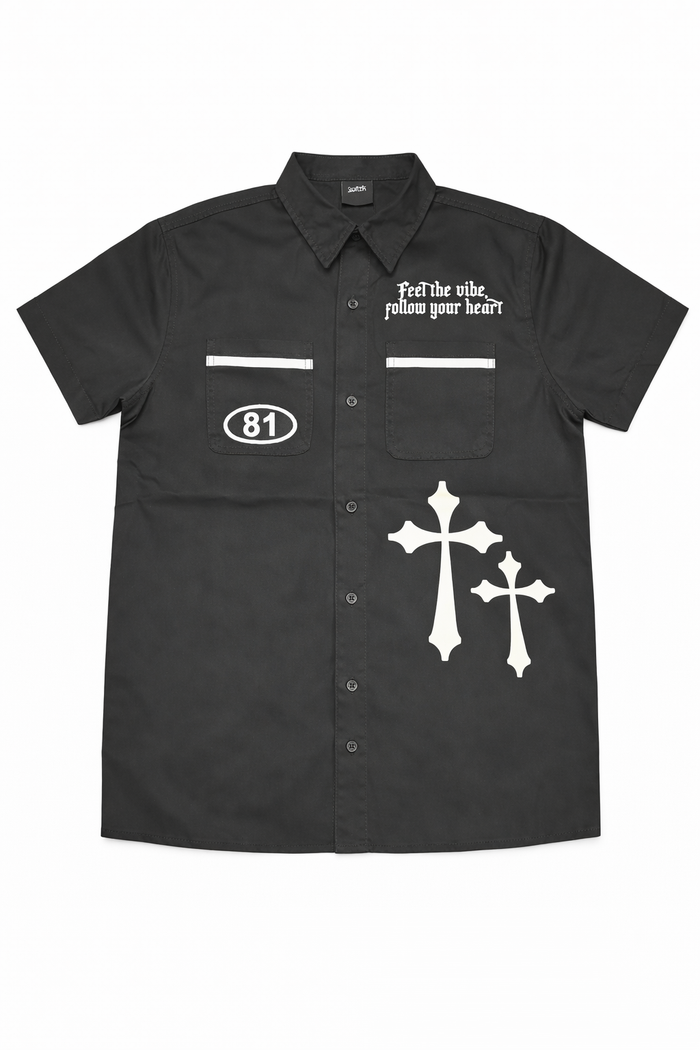 Black Switch Turbo Woven Shirt with short sleeves, fitted style, and subtle woven texture.