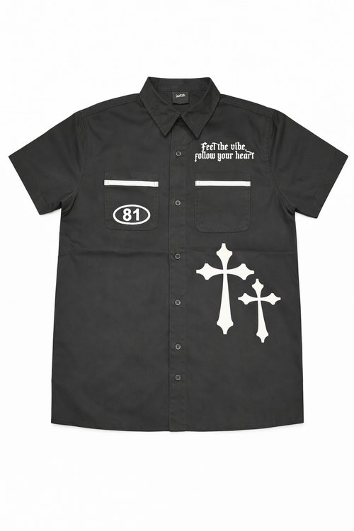 Black Switch Turbo Woven Shirt with short sleeves, fitted style, and subtle woven texture.