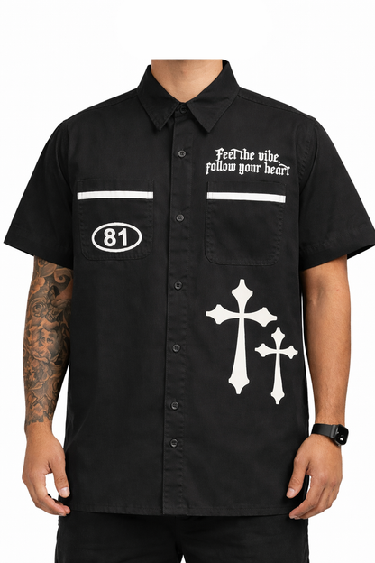 Black SWITCH Switch Turbo woven shirt with a classic collar and button front, displayed on a plain background.