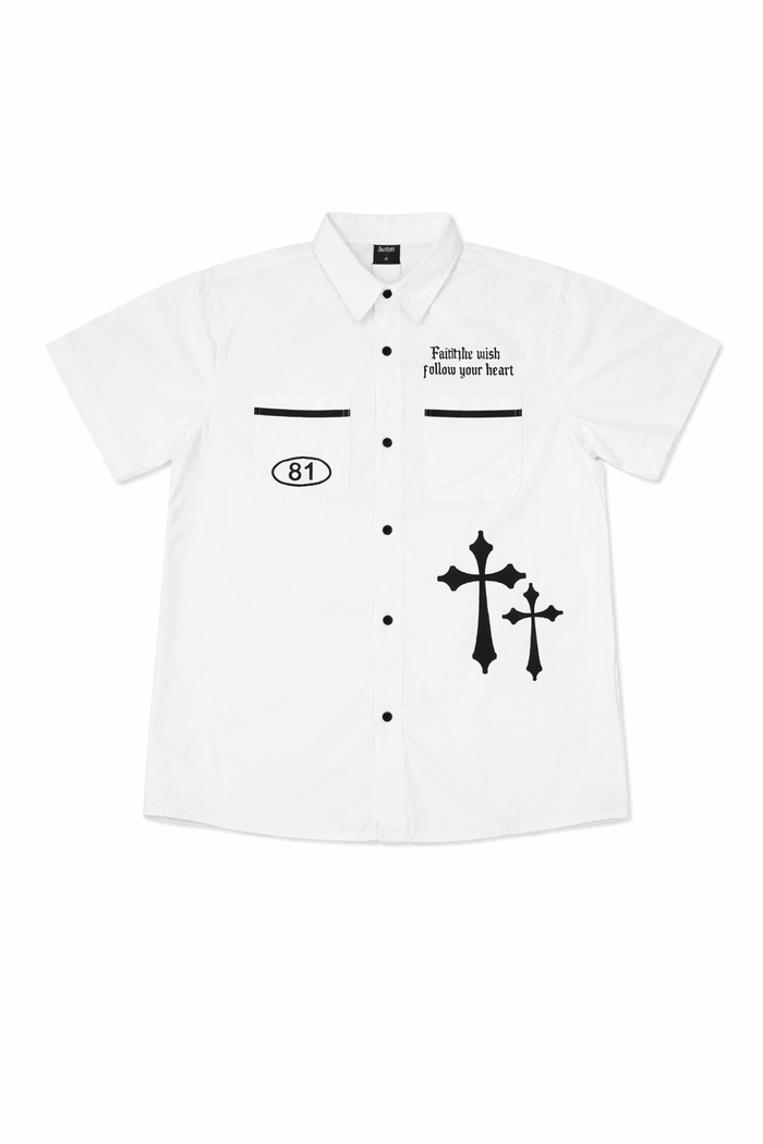 White SWITCH Switch Turbo Woven Shirt with short sleeves and button-up front, featuring a classic woven design.