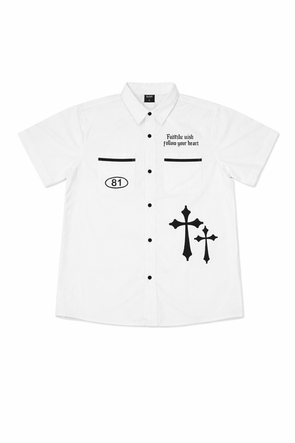 White SWITCH Switch Turbo Woven Shirt with short sleeves and button-up front, featuring a classic woven design.