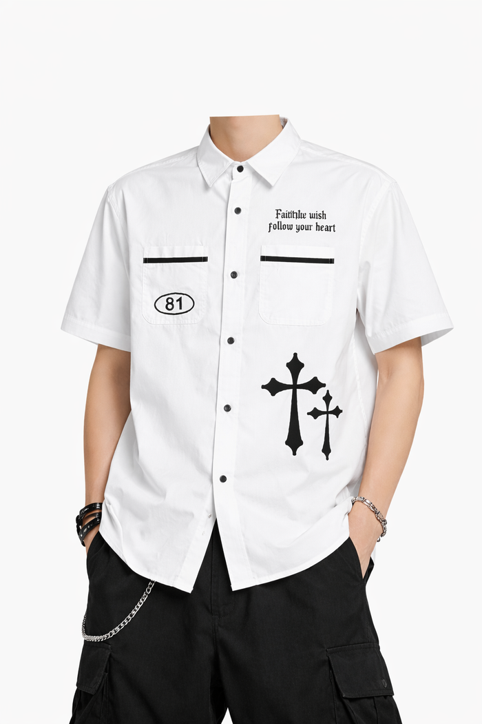 White SWITCH Switch Turbo Woven Shirt with short sleeves and classic collar, featuring a textured fabric design.