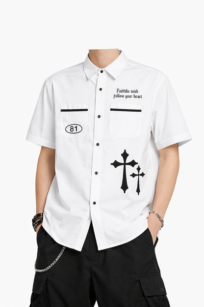 White SWITCH Switch Turbo Woven Shirt with short sleeves and classic collar, featuring a textured fabric design.