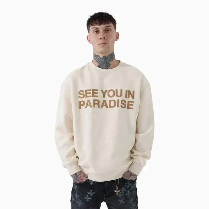 SYIP 'See You In Paradise' crewneck sweatshirt in bone color, men's casual crewneck with soft fabric and stylish design.
