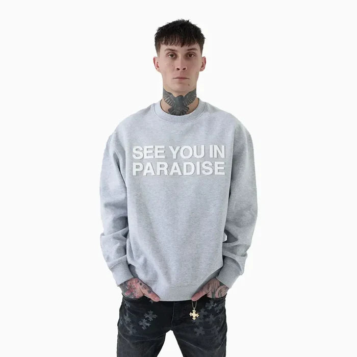 Grey SYIP 'See You In Paradise' crewneck sweatshirt with ribbed cuffs and neckline, casual fit, displayed on a plain background.