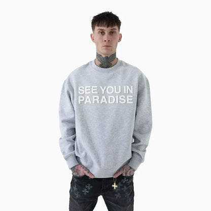Grey SYIP 'See You In Paradise' crewneck sweatshirt with ribbed cuffs and neckline, casual fit, displayed on a plain background.