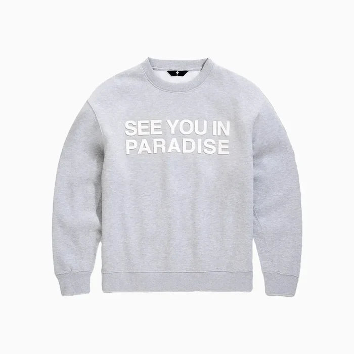 Grey SYIP "See You In Paradise" crewneck sweatshirt for men, featuring a comfortable fit and casual style.