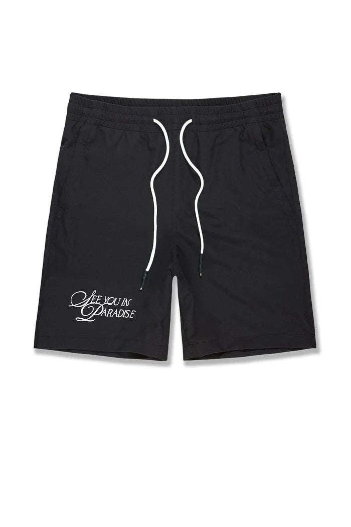Black SYIP 'See You in Paradise' shorts with relaxed fit and adjustable waistband, casual summer style for men.