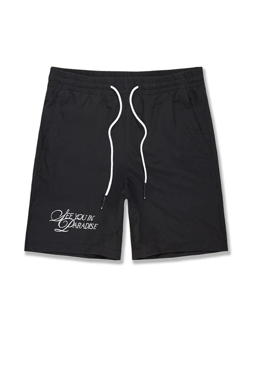 Black SYIP 'See You in Paradise' shorts with relaxed fit and adjustable waistband, casual summer style for men.