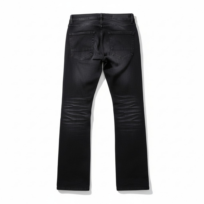 Taker All over Print premium stretch stacked denim jeans in black ash with detailed pattern and fitted design.
