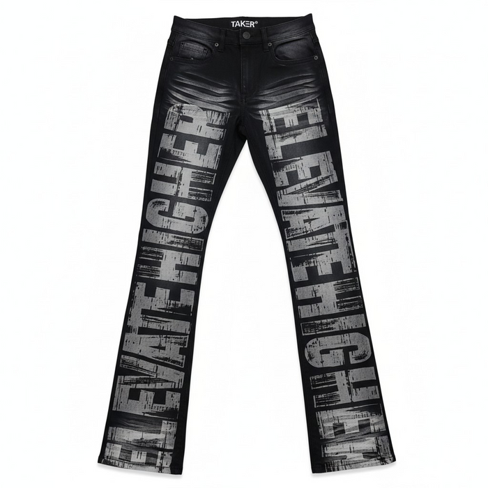 Black Ash Taker All Over Print Premium Stretch Stack Denim jeans, showcasing the detailed fabric texture and design.