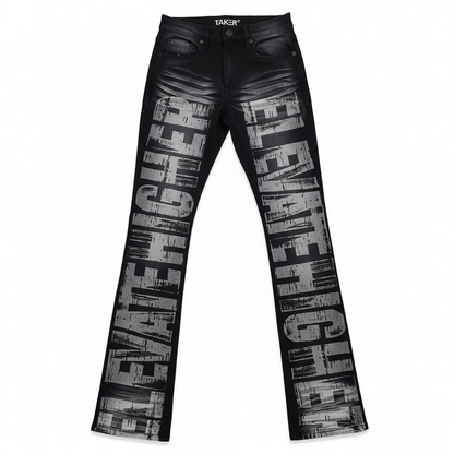 Black Ash Taker All Over Print Premium Stretch Stack Denim jeans, showcasing the detailed fabric texture and design.