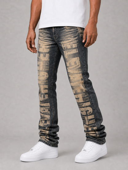 Dark indigo Taker all-over print premium stretch stacked denim jeans with a modern, fitted design and detailed stitching.