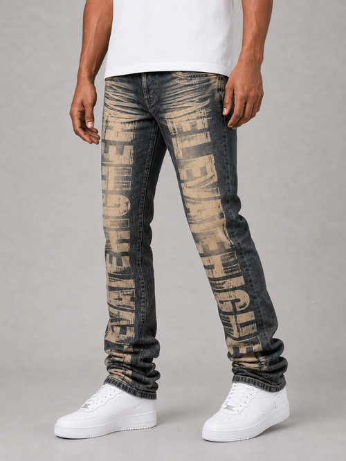 Dark indigo Taker all-over print premium stretch stacked denim jeans with a modern, fitted design and detailed stitching.