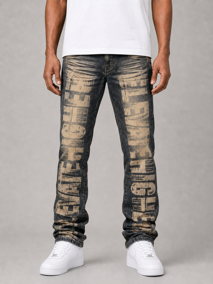 Dark indigo Taker stacked denim jeans with all-over print and premium stretch fabric, showcasing the stylish design and fit.