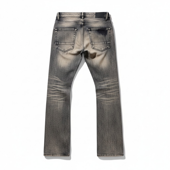 Dark indigo Taker 'All over Print' Premium stretch Stack Denim jeans with stacked design and detailed stitching.