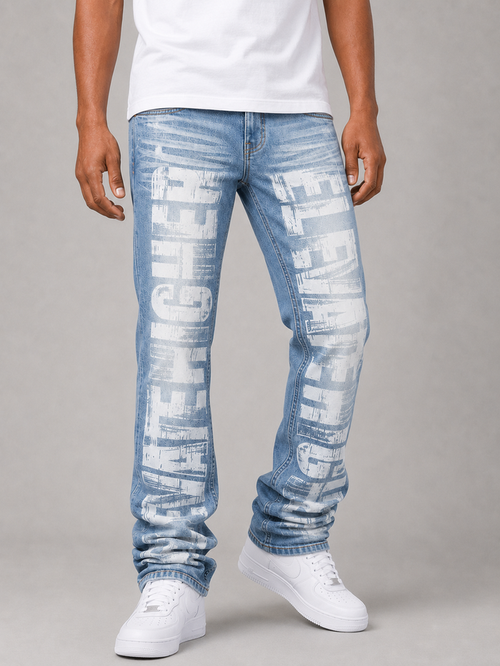 Taker all-over print premium stretch stacked denim jeans in light blue with detailed stitching and a modern fit.