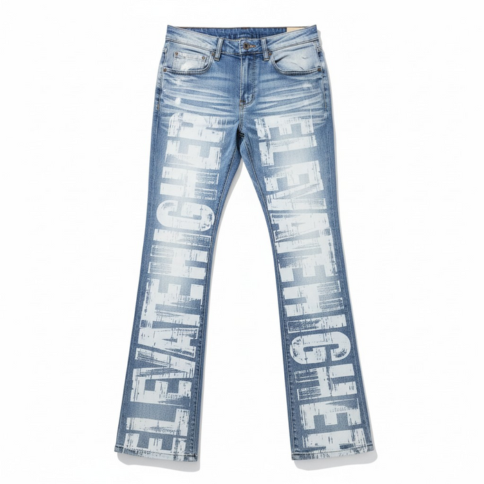 Taker all-over print premium stretch stacked denim jeans in light blue with detailed stitching and a modern fit.