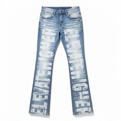 Taker all-over print premium stretch stacked denim jeans in light blue with detailed stitching and a modern fit.