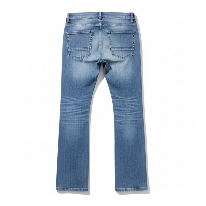 Taker all-over print premium stretch stack denim in light blue with a fitted, stacked denim design.