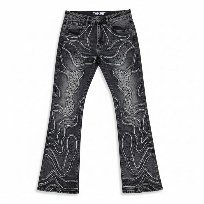 Taker 'Frayed Patched' Premium Stretch Stack Denim in Vintage Black, showing distressed patch details and slim fit design.
