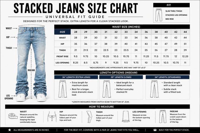 Size chart for Taker Rhinestone Cross Premium Stretch Stack Denim in rustic blue, showing fit and measurements for stacked denim jeans.