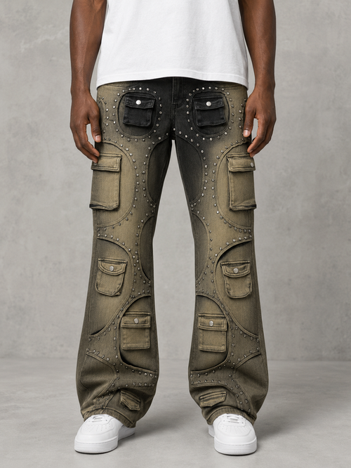 Taker Metal Stud Premium Stretch Cargo Jeans in Mud Black, stacked denim style with metal stud detailing and rugged design.