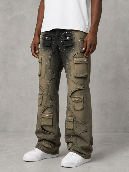 Taker Metal Stud Premium Stretch Cargo Jeans in Mud Black, stacked denim style with metal stud accents, relaxed fit.