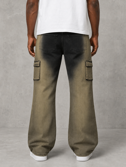Taker Metal Stud Premium Stretch Cargo Jeans in Mud Black, stacked denim style with metal stud accents and durable fabric.