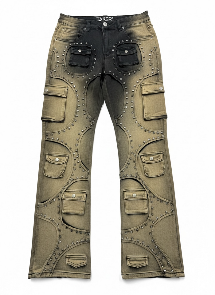 Taker Metal Stud Premium Stretch Cargo Jeans in Mud Black with stacked denim design and metal stud accents, front view.