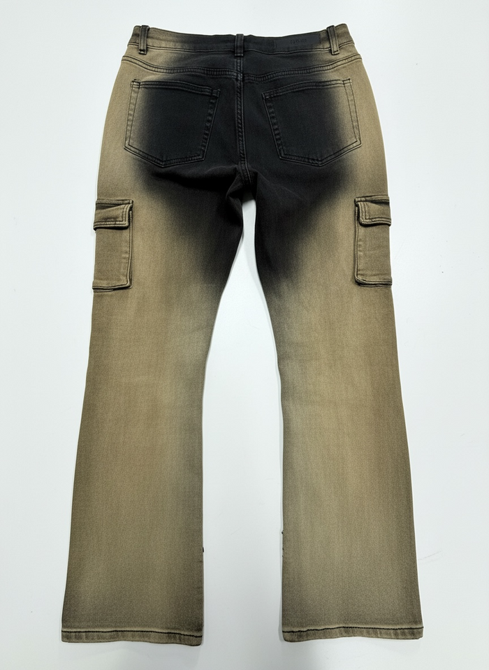Taker Metal Stud Premium Stretch Cargo Jeans in Mud Black, stacked denim style with metal stud accents and functional pockets.