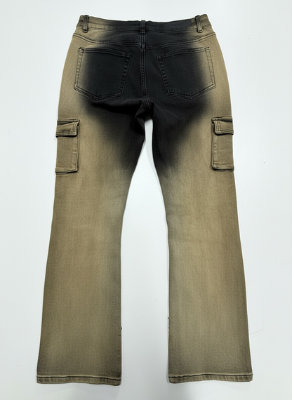 Taker Metal Stud Premium Stretch Cargo Jeans in Mud Black, stacked denim style with metal stud accents and functional pockets.