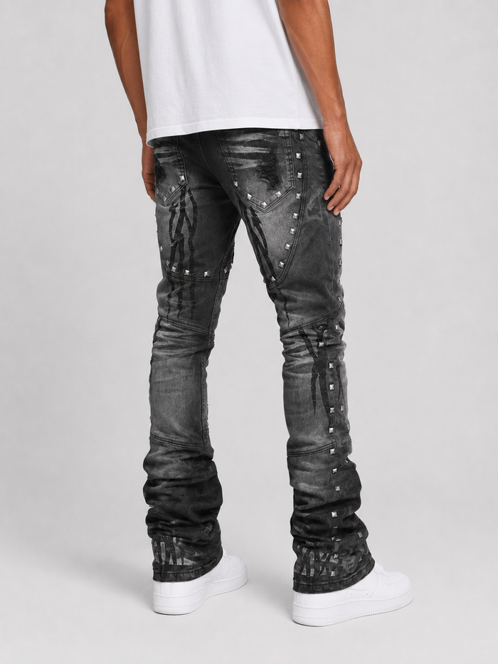 Taker Metal Studded Premium Stretch Stack Denim in black ash featuring metal stud details and a fitted stacked design.