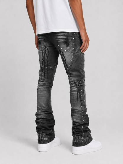 Taker Metal Studded Premium Stretch Stack Denim in black ash featuring metal stud details and a fitted stacked design.