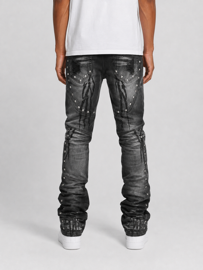Taker Metal Studded Premium Stretch Stack Denim in Black Ash, showcasing the fitted black denim with metal stud accents.