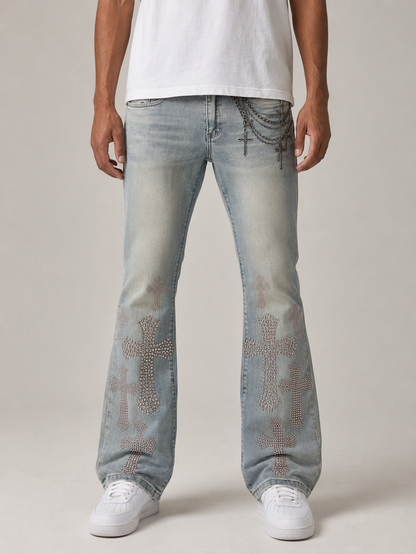Taker Rhinestone Cross Premium Stretch Stack Denim in Rustic Blue, denim stacked jeans with rhinestone cross embellishments.