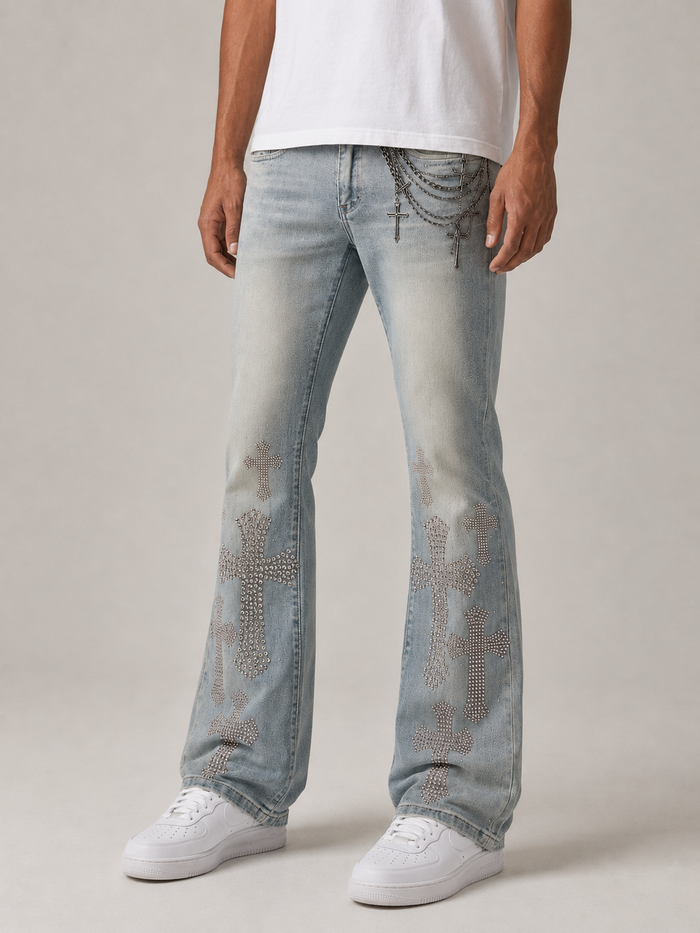 Taker Rhinestone Cross premium stretch stacked denim jeans in rustic blue with rhinestone embellishments on the back pockets.