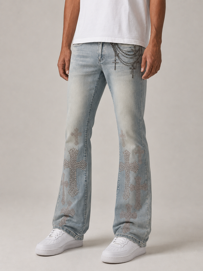 Taker Rhinestone Cross premium stretch stacked denim jeans in rustic blue with rhinestone embellishments on the back pockets.