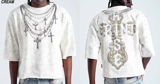 Cream Taker T5224 Rise and Grind raw edge rhinestone cropped tee, stylish casual T-shirt with rhinestone details and raw hem.